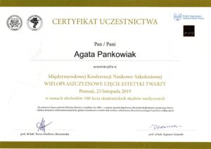 Certyfikat uczestnictwa udziału w Międzynarodowej Konferencji Naukowej zorganizowanej przez Uniwersytet Medyczny w Poznaniu.