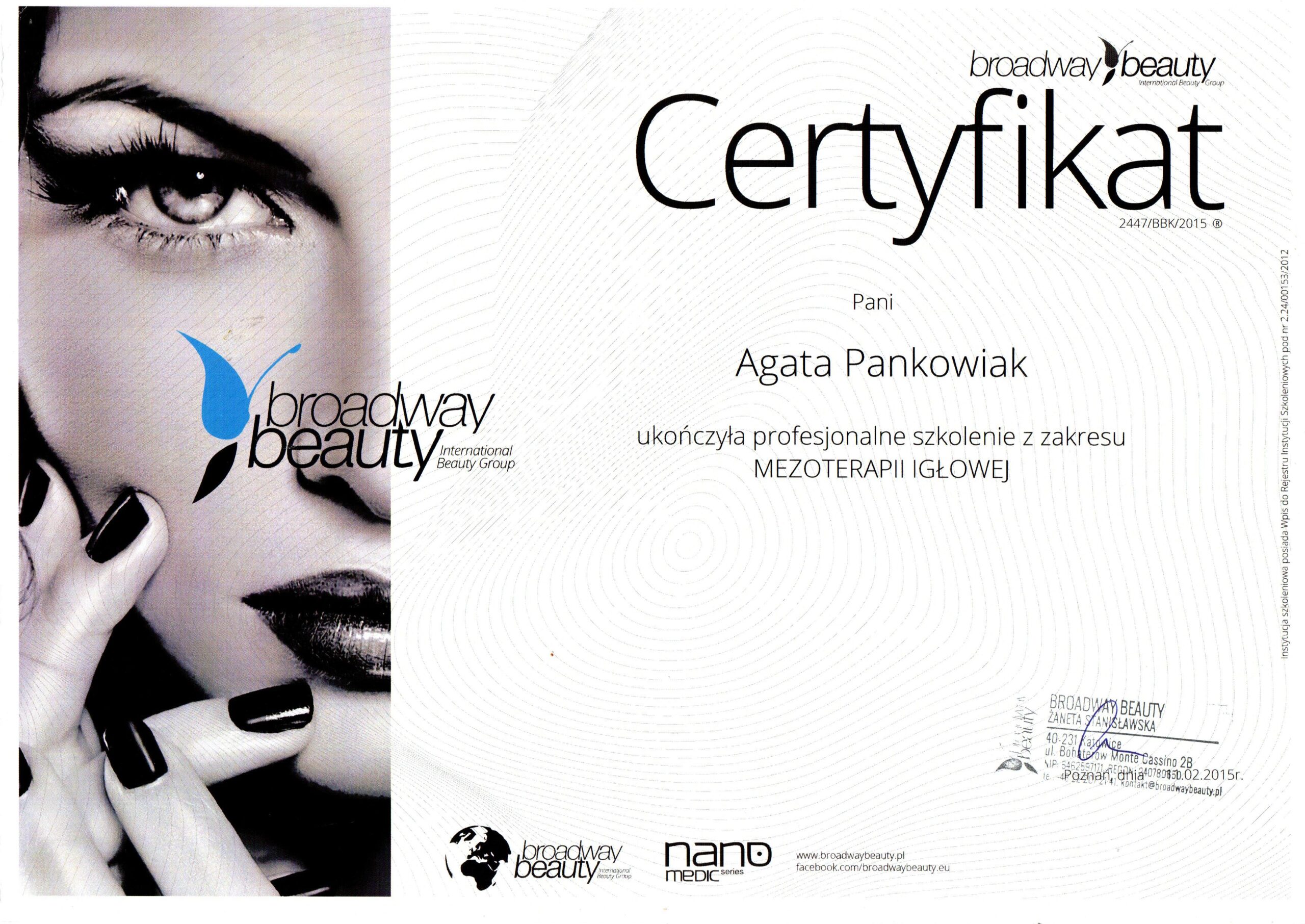 Certyfikat szkolenie Mezoterapii Igłowej