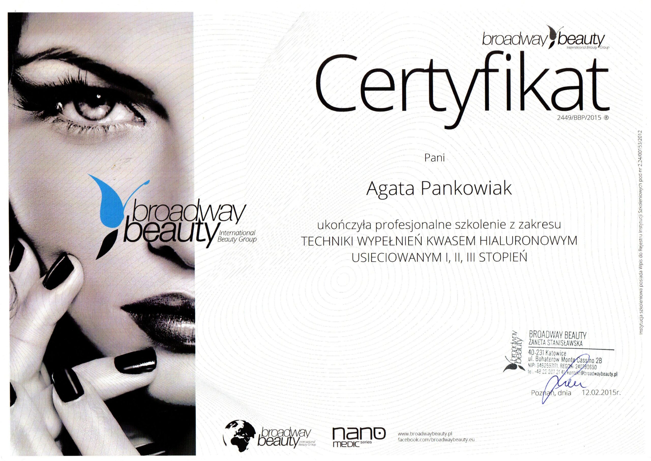 Certyfikat szkolenie Wypełnianie Kwasem Hialuronowym