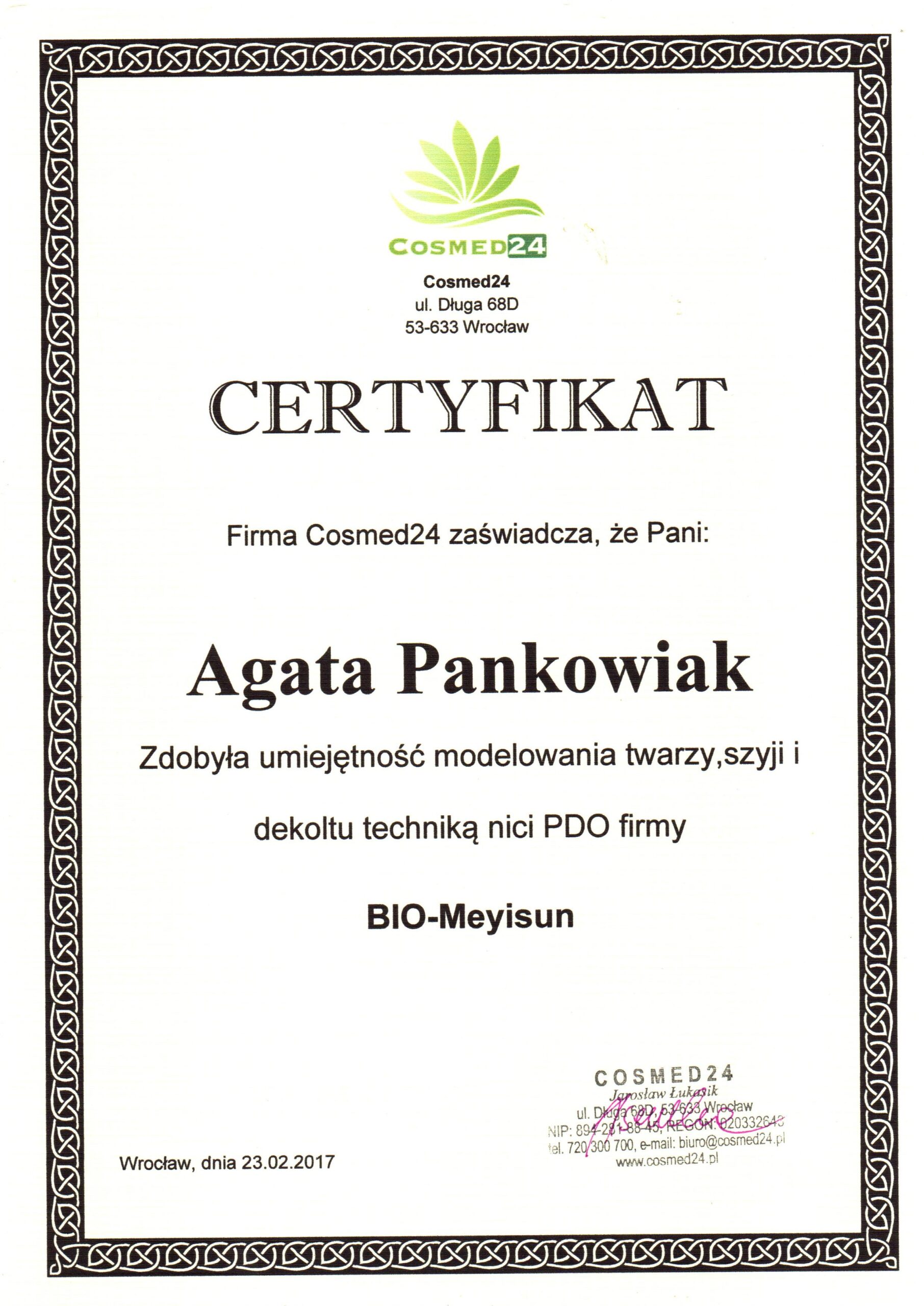 Certyfikat modelowania twarzy i szyi techniką Nici Liftingujących PDO