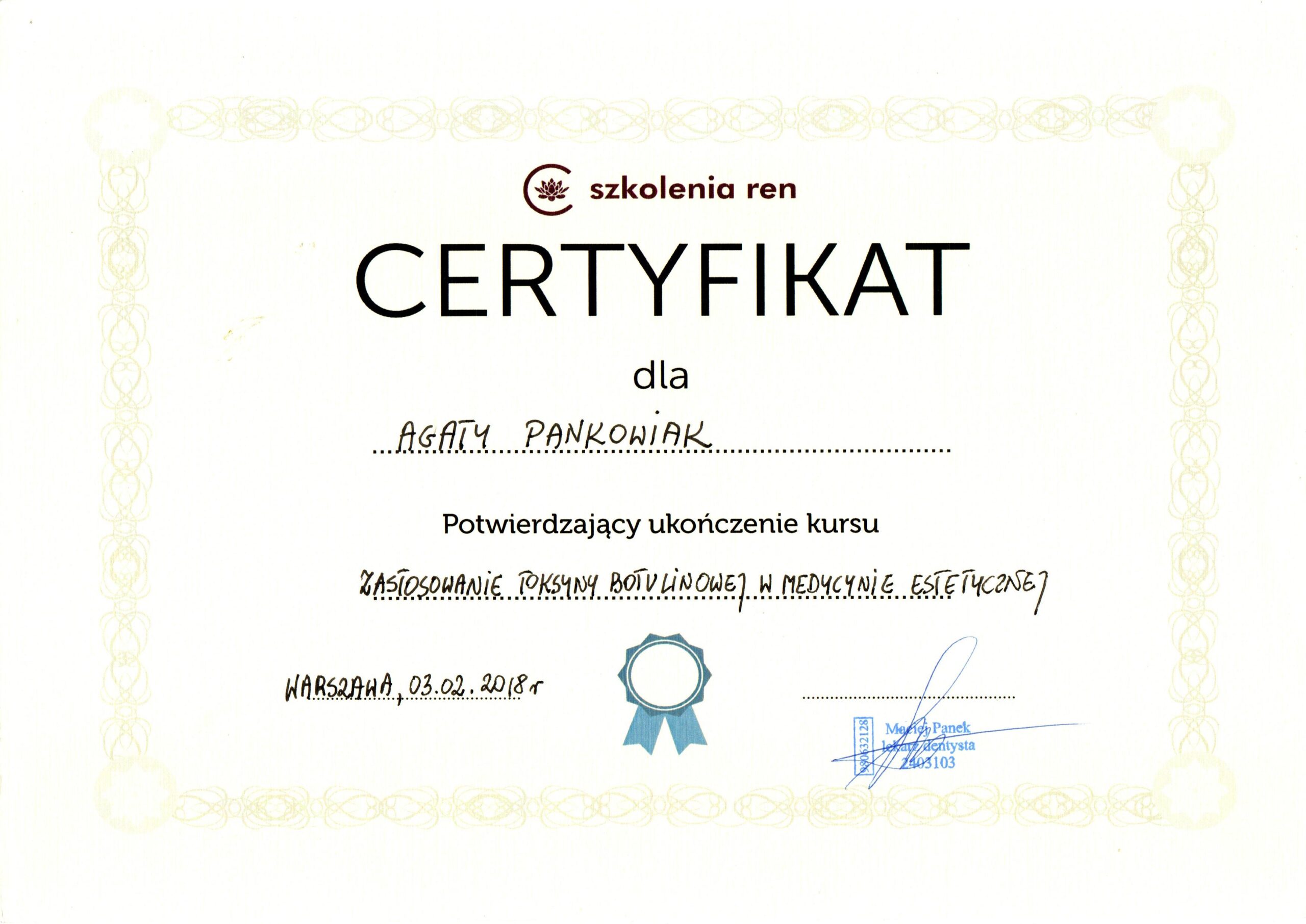 Certyfikat szkolenie z zastosowania Toksyny Botulinowej w Medycynie Estetycznej w Panek Clinic w Warszawie