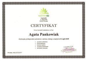 Certyfikat szkolenie obsługa Lasera E-Light SHR