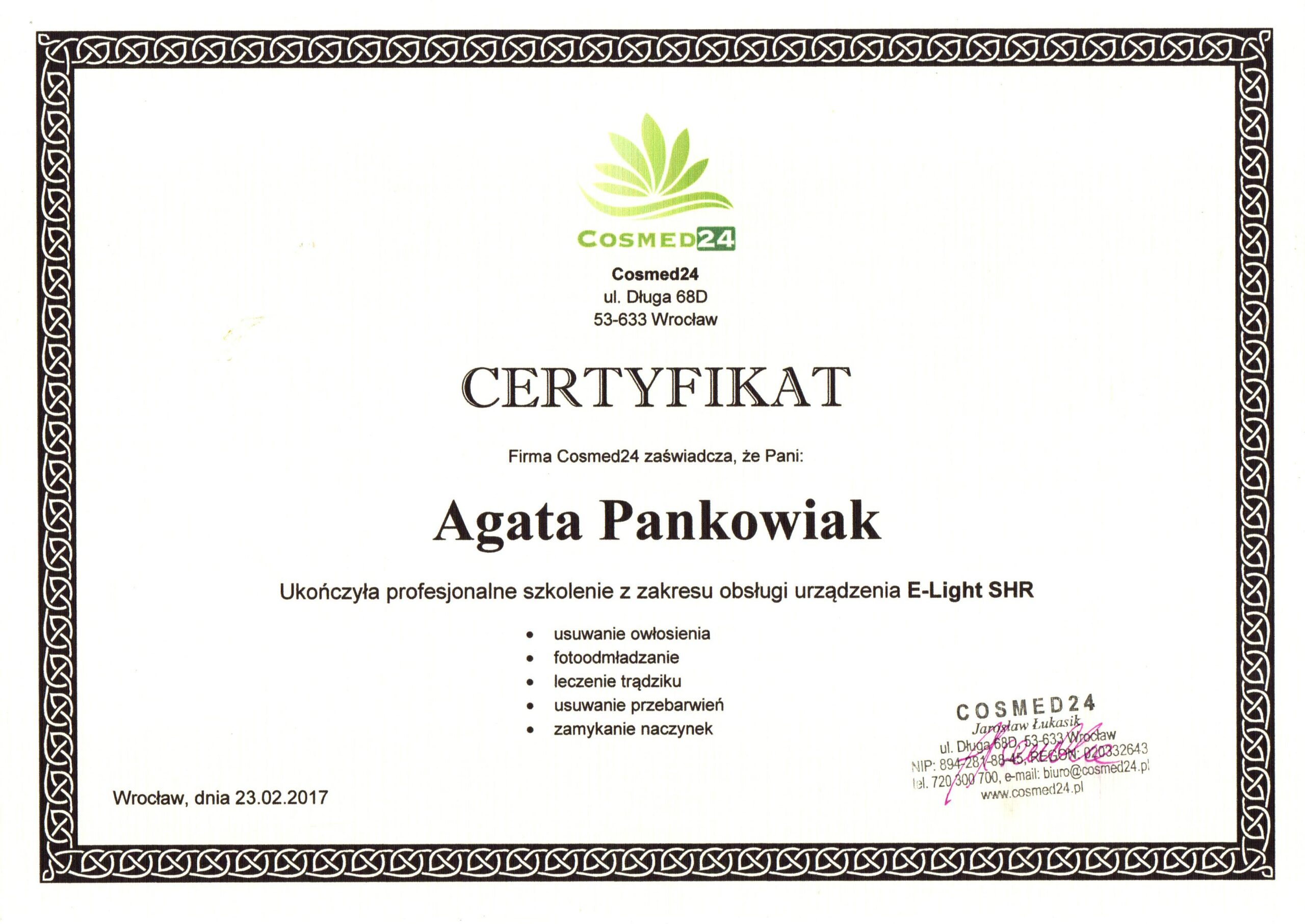Certyfikat szkolenie obsługa Lasera E-Light SHR