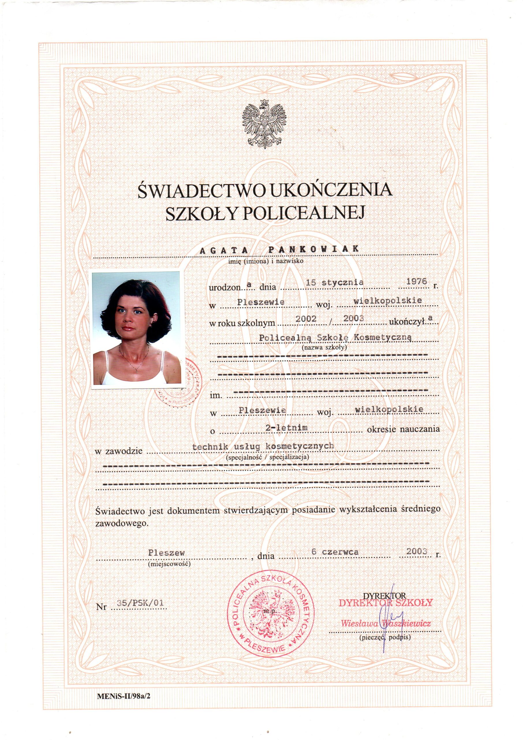 Tytułu Technika Usług Kosmetycznych rok 2003